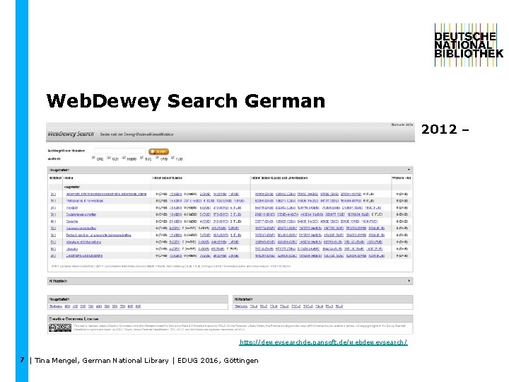 Web. Dewey Search German 2012 – http: //deweysearchde. pansoft. de/webdeweysearch / 7 | Tina