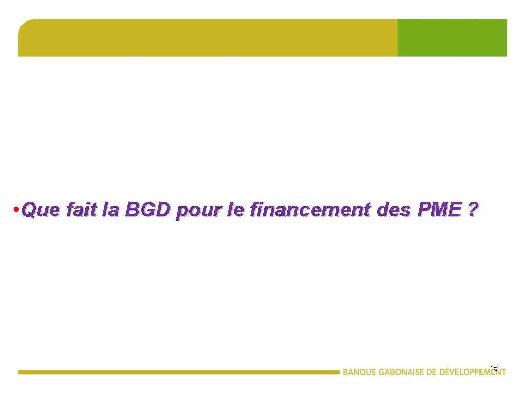  • Que fait la BGD pour le financement des PME ? 15 