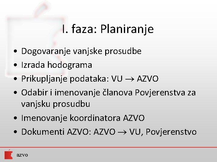 I. faza: Planiranje • • Dogovaranje vanjske prosudbe Izrada hodograma Prikupljanje podataka: VU AZVO