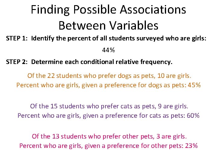 Finding Possible Associations Between Variables STEP 1: Identify the percent of all students surveyed