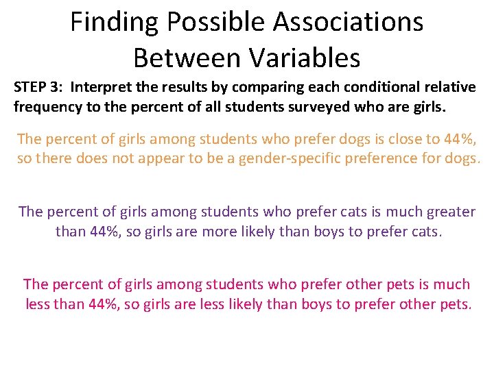 Finding Possible Associations Between Variables STEP 3: Interpret the results by comparing each conditional