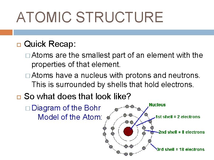 ATOMIC STRUCTURE Quick Recap: � Atoms are the smallest part of an element with