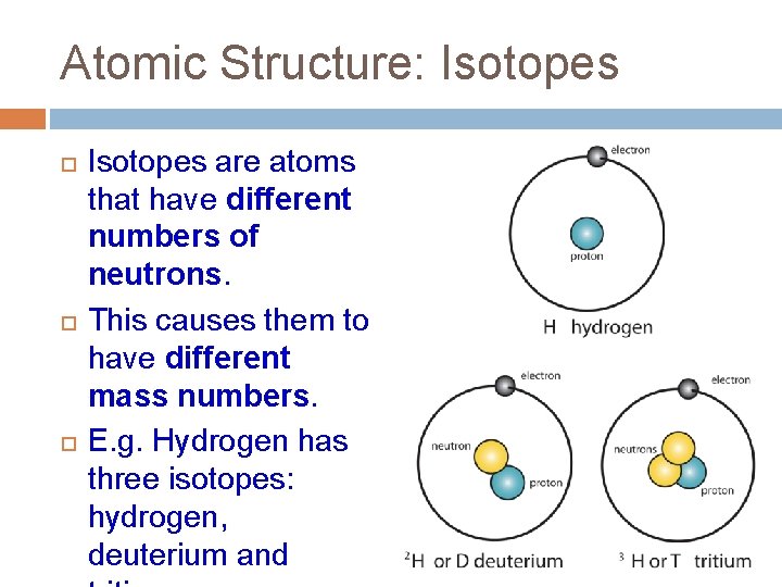 Atomic Structure: Isotopes are atoms that have different numbers of neutrons. This causes them