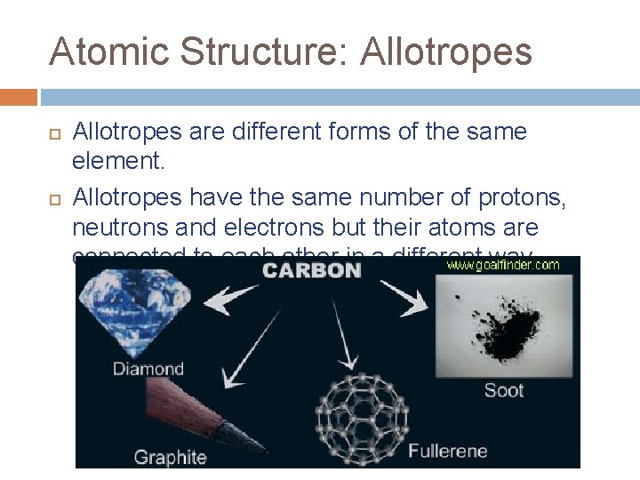 Atomic Structure: Allotropes are different forms of the same element. Allotropes have the same