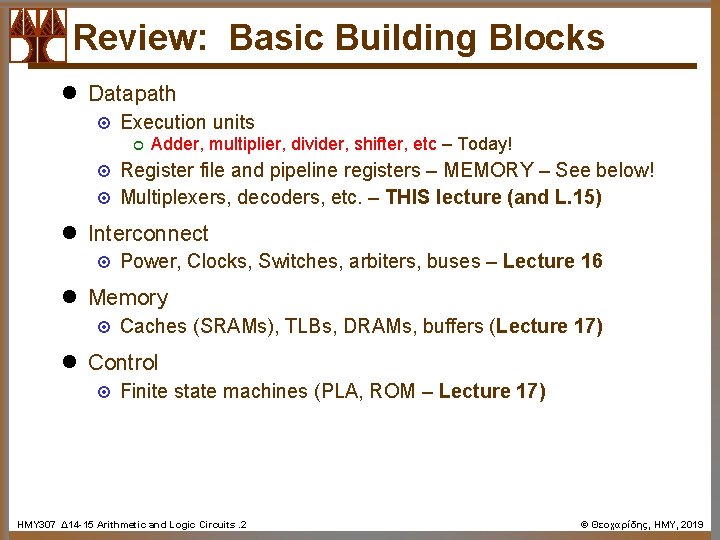 Review Basic Building Blocks l Datapath Execution units
