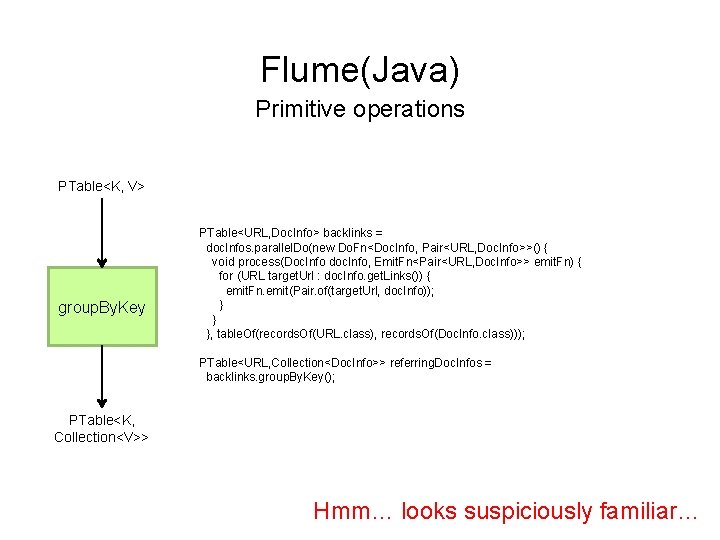 Flume(Java) Primitive operations PTable<K, V> group. By. Key PTable<URL, Doc. Info> backlinks = doc.