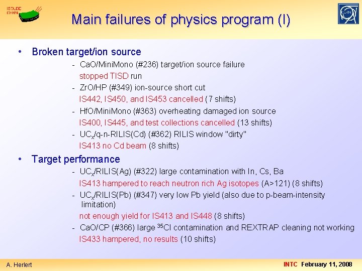 Main failures of physics program (I) • Broken target/ion source - Ca. O/Mini. Mono