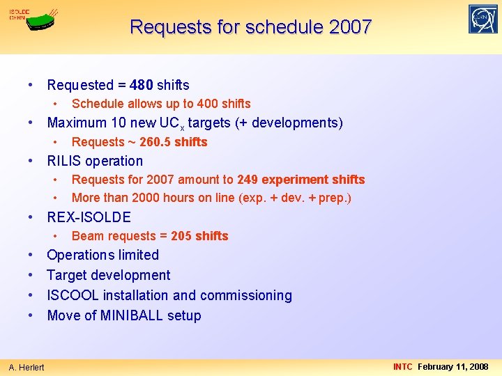 Requests for schedule 2007 • Requested = 480 shifts • Schedule allows up to