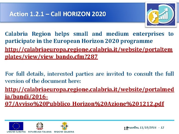 Action 1. 2. 1 – Call HORIZON 2020 Calabria Region helps small and medium