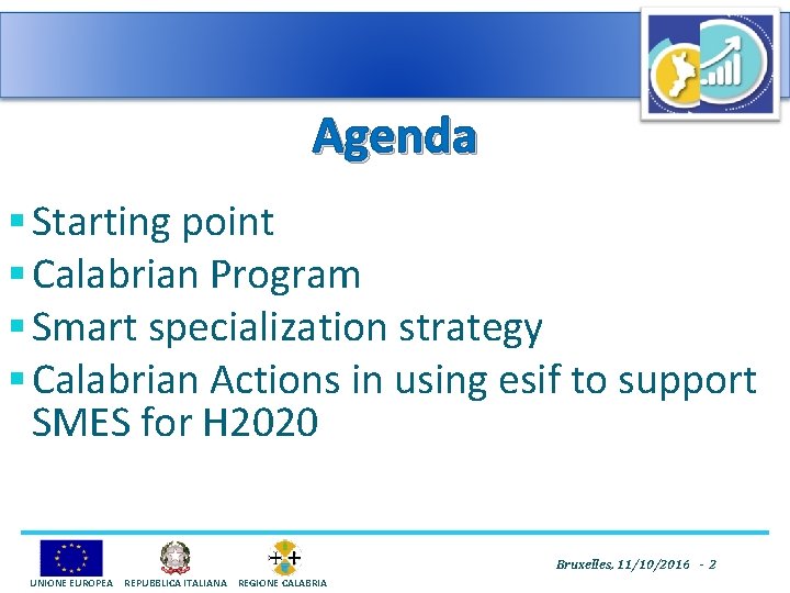 Agenda § Starting point § Calabrian Program § Smart specialization strategy § Calabrian Actions