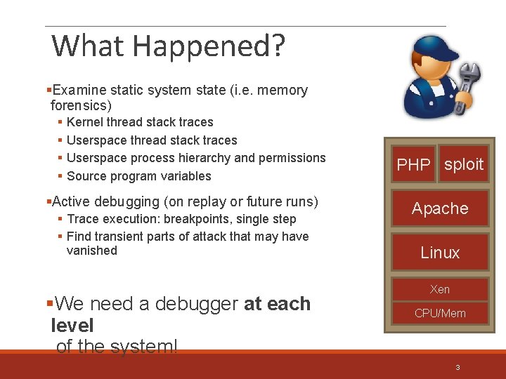 What Happened? §Examine static system state (i. e. memory forensics) § § Kernel thread