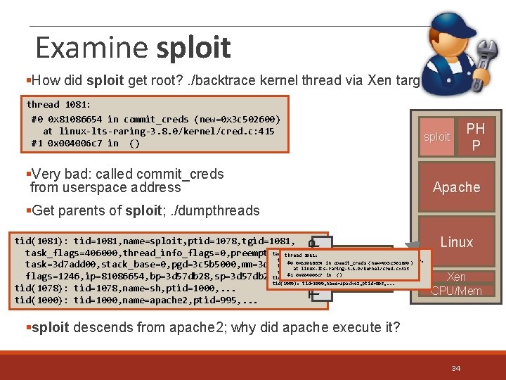 Examine sploit §How did sploit get root? . /backtrace kernel thread via Xen target