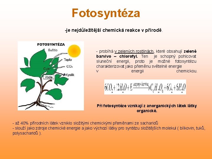 Fotosyntéza -je nejdůležitější chemická reakce v přírodě. - probíhá v zelených rostlinách, rostlinách které