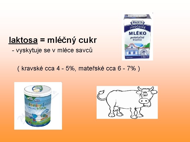 laktosa = mléčný cukr - vyskytuje se v mléce savců ( kravské cca 4