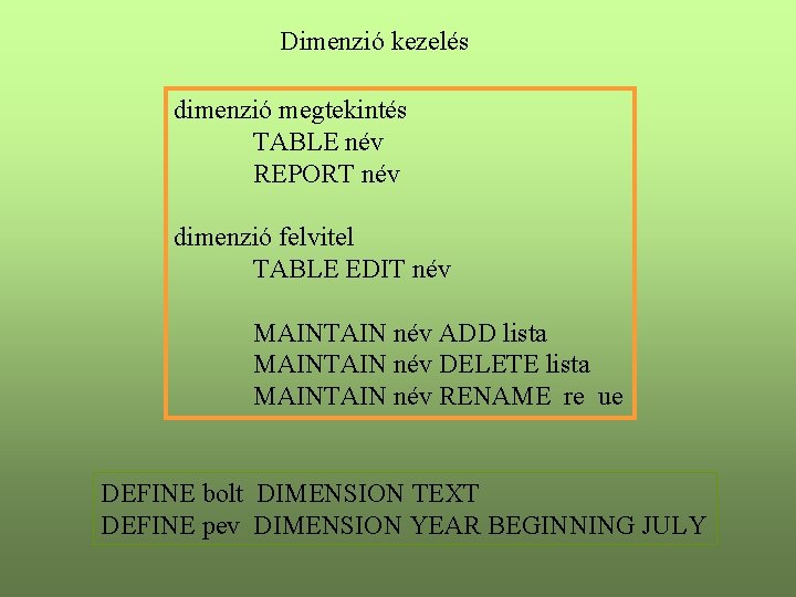 Dimenzió kezelés dimenzió megtekintés TABLE név REPORT név dimenzió felvitel TABLE EDIT név MAINTAIN