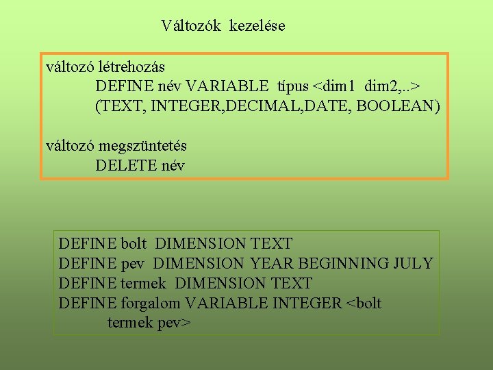 Változók kezelése változó létrehozás DEFINE név VARIABLE típus <dim 1 dim 2, . .