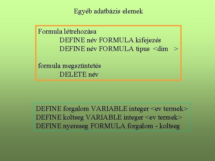 Egyéb adatbázis elemek Formula létrehozása DEFINE név FORMULA kifejezés DEFINE név FORMULA tipus <dim