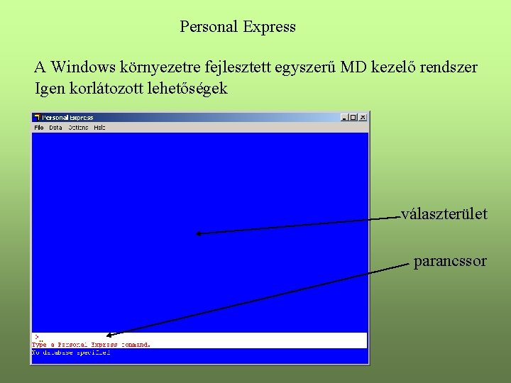 Personal Express A Windows környezetre fejlesztett egyszerű MD kezelő rendszer Igen korlátozott lehetőségek választerület