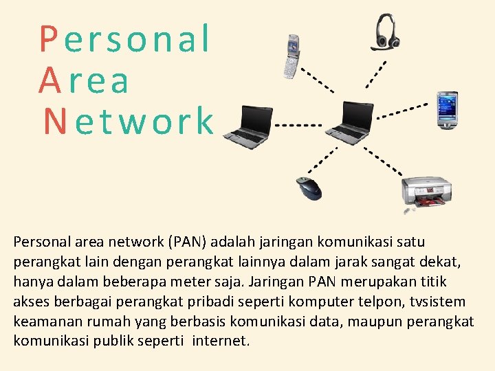 Personal A rea N etwork Personal area network (PAN) adalah jaringan komunikasi satu perangkat