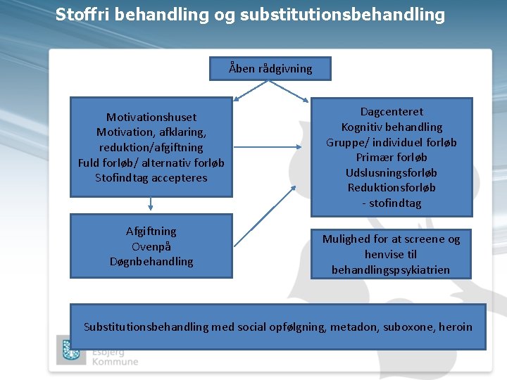Stoffri behandling og substitutionsbehandling Åben rådgivning Motivationshuset Motivation, afklaring, reduktion/afgiftning Fuld forløb/ alternativ forløb