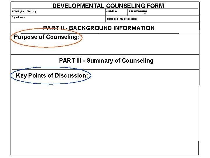 DEVELOPMENTAL COUNSELING FORM Rank/Grade NAME (Last, First, MI) Organization Date of Counseling Name and