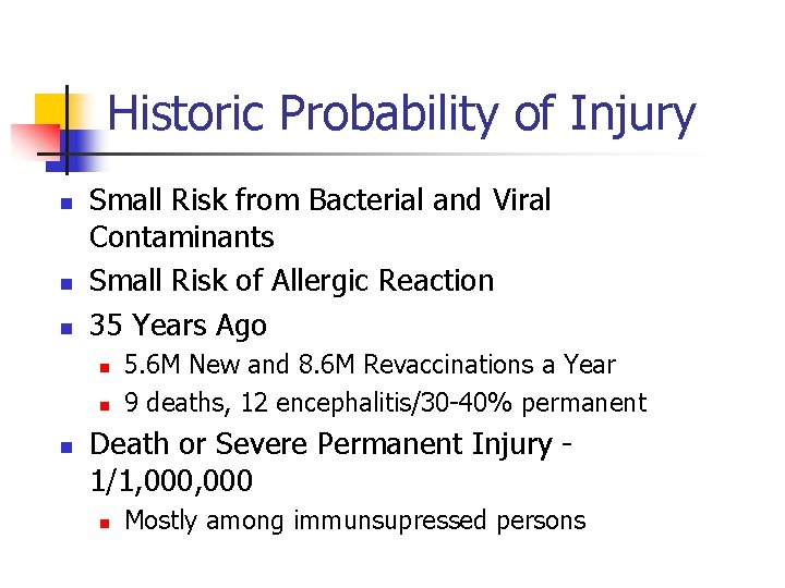 Historic Probability of Injury n n n Small Risk from Bacterial and Viral Contaminants