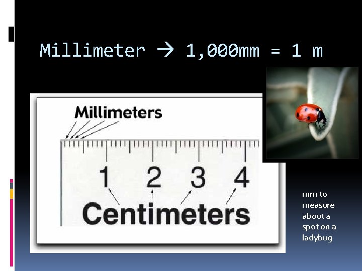 Millimeter 1, 000 mm = 1 m mm to measure about a spot on