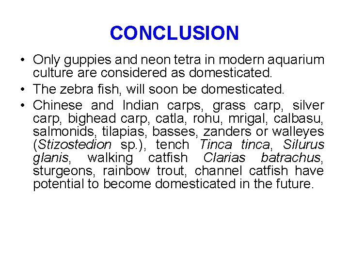 CONCLUSION • Only guppies and neon tetra in modern aquarium culture are considered as