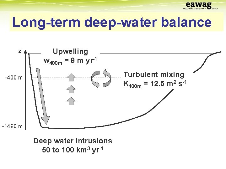Long-term deep-water balance z Upwelling w 400 m = 9 m yr-1 Turbulent mixing