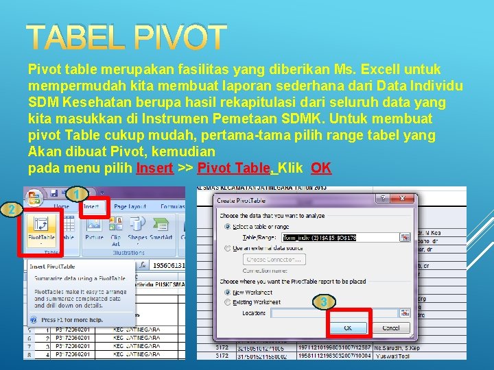 TABEL PIVOT Pivot table merupakan fasilitas yang diberikan Ms. Excell untuk mempermudah kita membuat