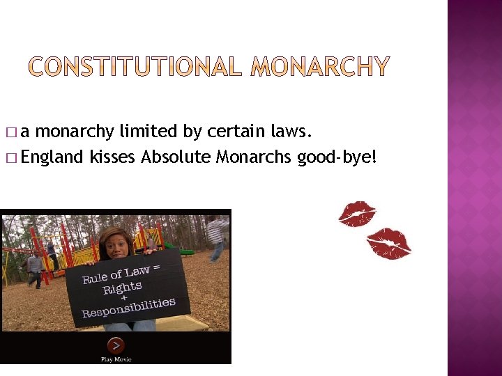 �a monarchy limited by certain laws. � England kisses Absolute Monarchs good-bye! 