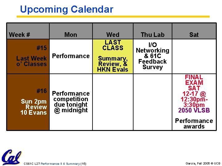 Upcoming Calendar Week # Mon #15 Last Week Performance o’ Classes #16 Performance Sun