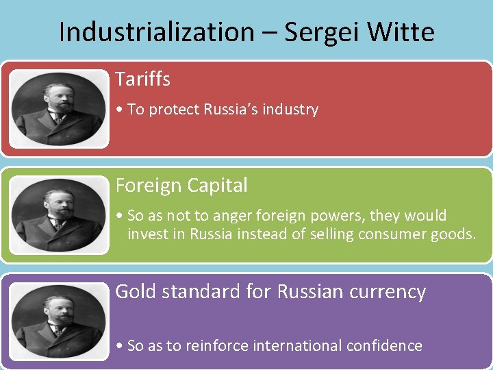 Industrialization – Sergei Witte Tariffs • To protect Russia’s industry Foreign Capital • So