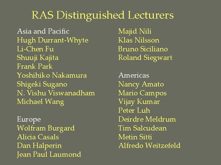 RAS Distinguished Lecturers Asia and Pacific Hugh Durrant-Whyte Li-Chen Fu Shuuji Kajita Frank Park