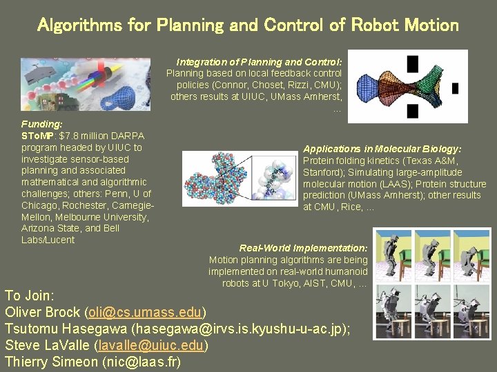 Algorithms for Planning and Control of Robot Motion Integration of Planning and Control: Planning