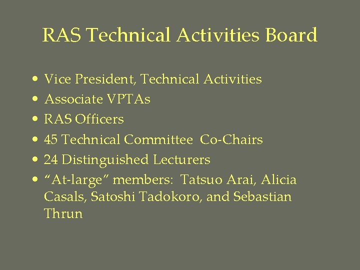 RAS Technical Activities Board • • • Vice President, Technical Activities Associate VPTAs RAS