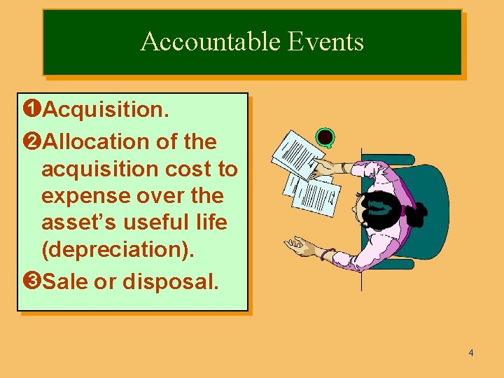 Accountable Events ÊAcquisition. ËAllocation of the acquisition cost to expense over the asset’s useful