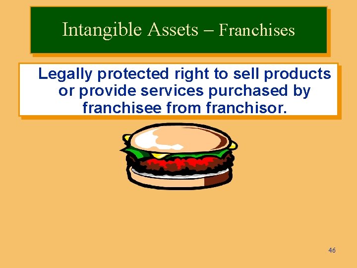 Intangible Assets – Franchises Legally protected right to sell products or provide services purchased