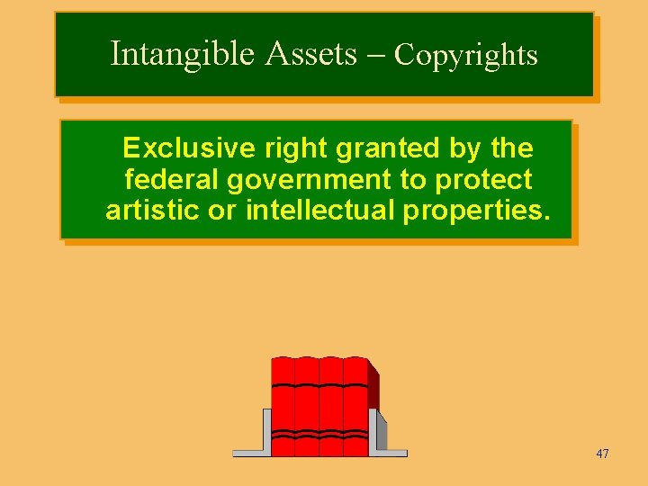 Intangible Assets – Copyrights Exclusive right granted by the federal government to protect artistic