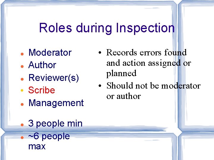 Roles during Inspection Moderator Author Reviewer(s) • Scribe Management 3 people min ~6 people