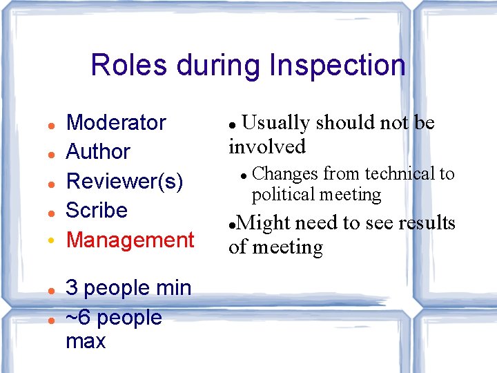 Roles during Inspection Moderator Author Reviewer(s) Scribe • Management 3 people min ~6 people