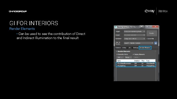 GI FOR INTERIORS Render Elements • Can be used to see the contribution of