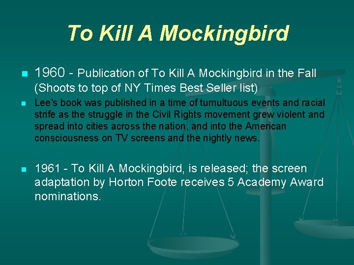 To Kill A Mockingbird n 1960 - Publication of To Kill A Mockingbird in