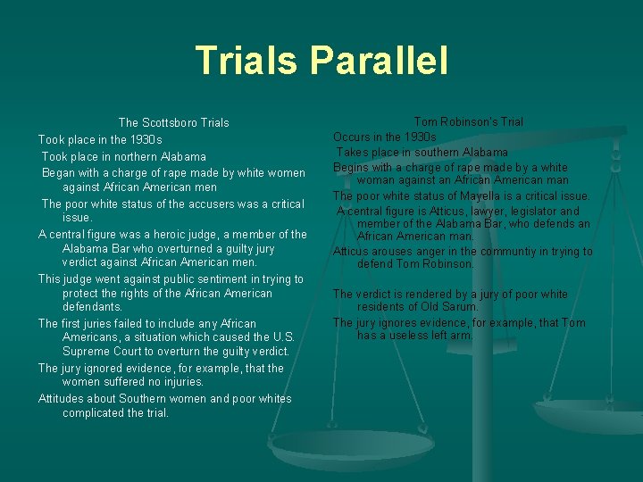 Trials Parallel The Scottsboro Trials Took place in the 1930 s Took place in