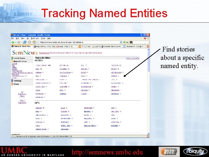 Tracking Named Entities Find stories about a specific named entity. http: //semnews. umbc. edu