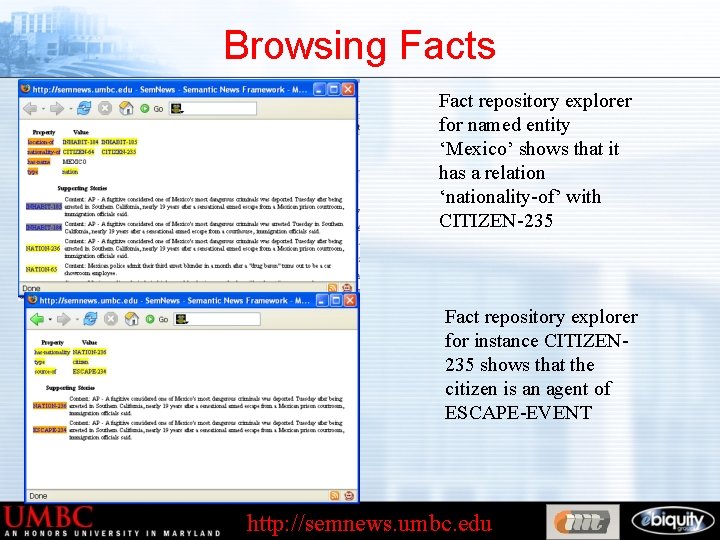 Browsing Facts Fact repository explorer for named entity ‘Mexico’ shows that it has a