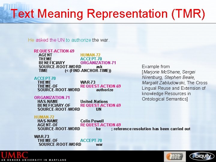 Text Meaning Representation (TMR) He asked the UN to authorize the war. REQUEST-ACTION-69 AGENT
