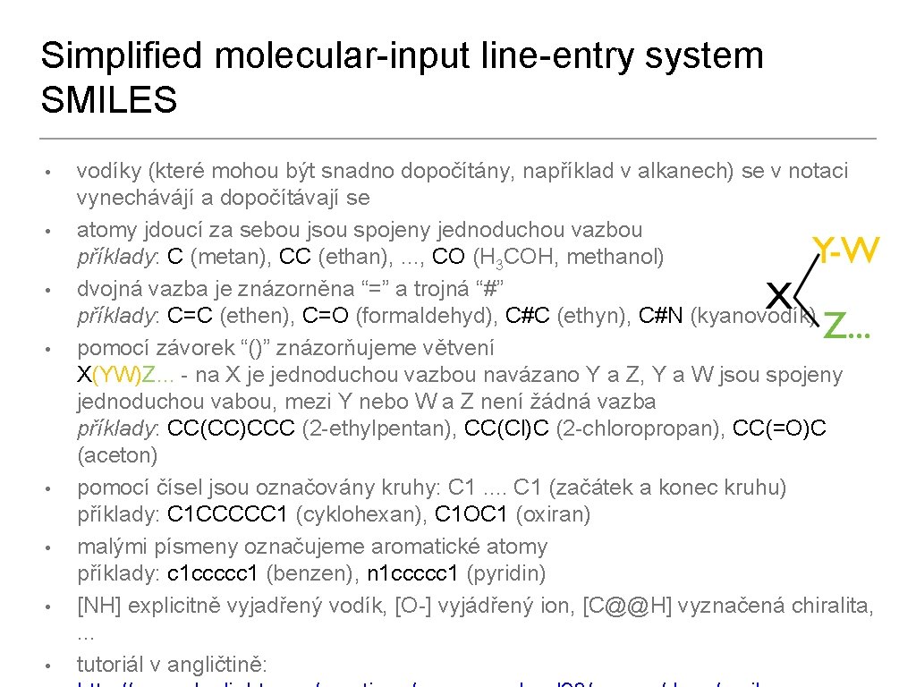 Simplified molecular-input line-entry system SMILES • • vodíky (které mohou být snadno dopočítány, například