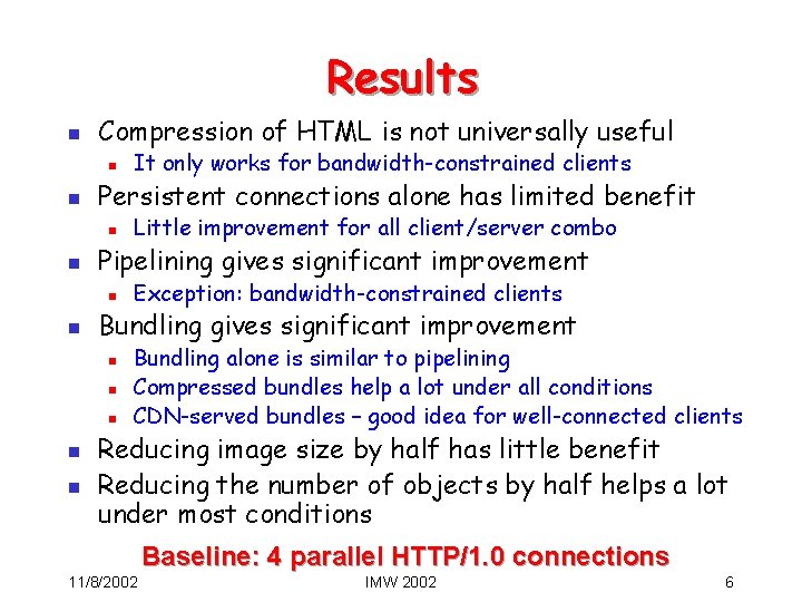 Results n Compression of HTML is not universally useful n n Persistent connections alone Results n Compression of HTML is not universally useful n n Persistent connections alone