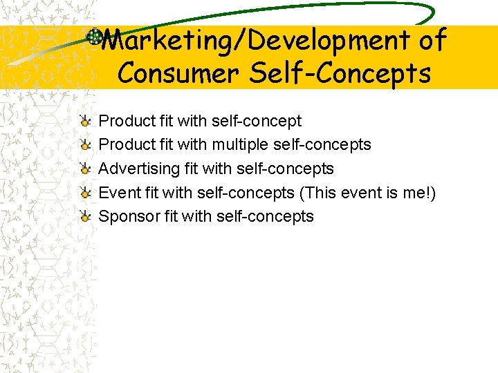Marketing/Development of Consumer Self-Concepts Product fit with self-concept Product fit with multiple self-concepts Advertising